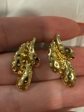 Gold Textured Leaf Drop Earrings - Women Jewelry